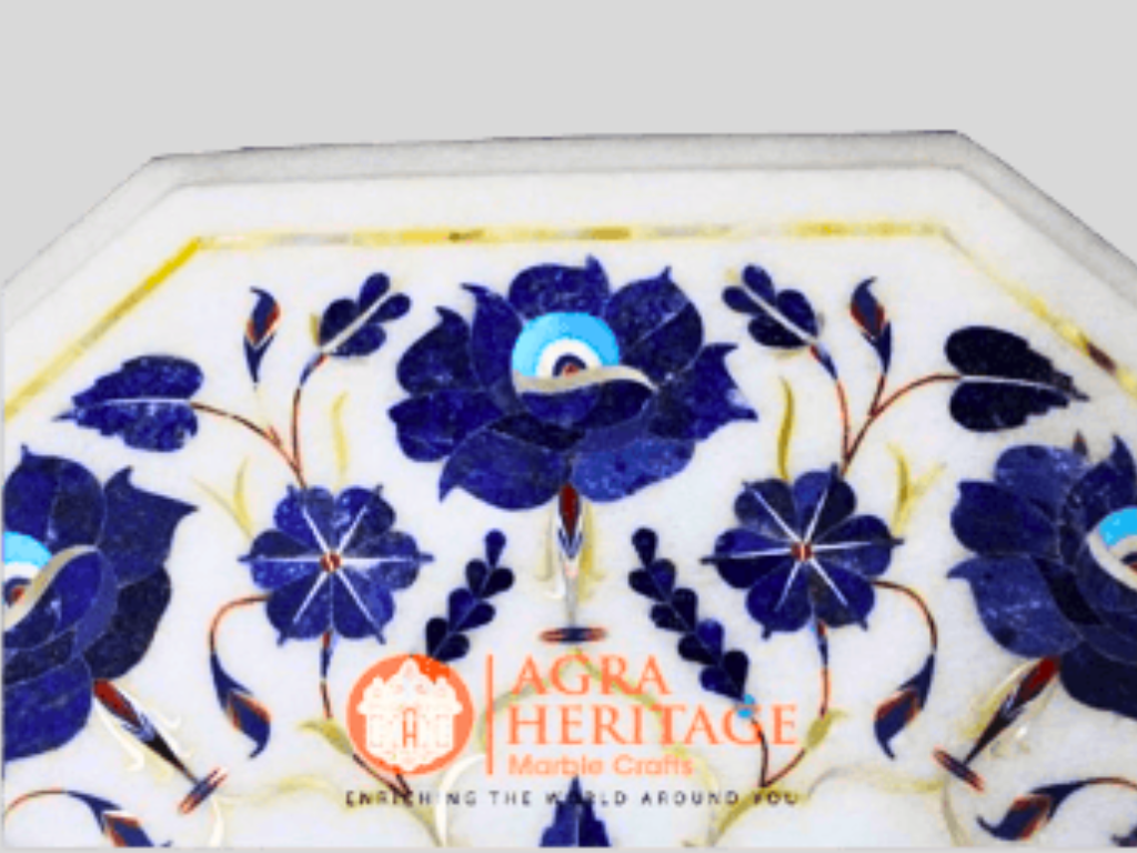 White Marble Pauashell Lapis Inlaid Art Coffee Table Top